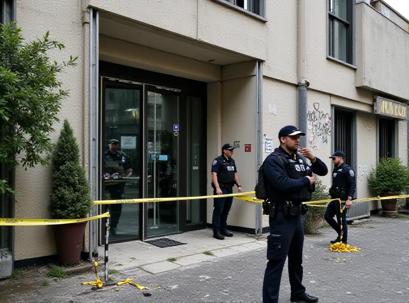 Exterior shot of the Russian consulate in Marseille, showing signs of damage and police presence.