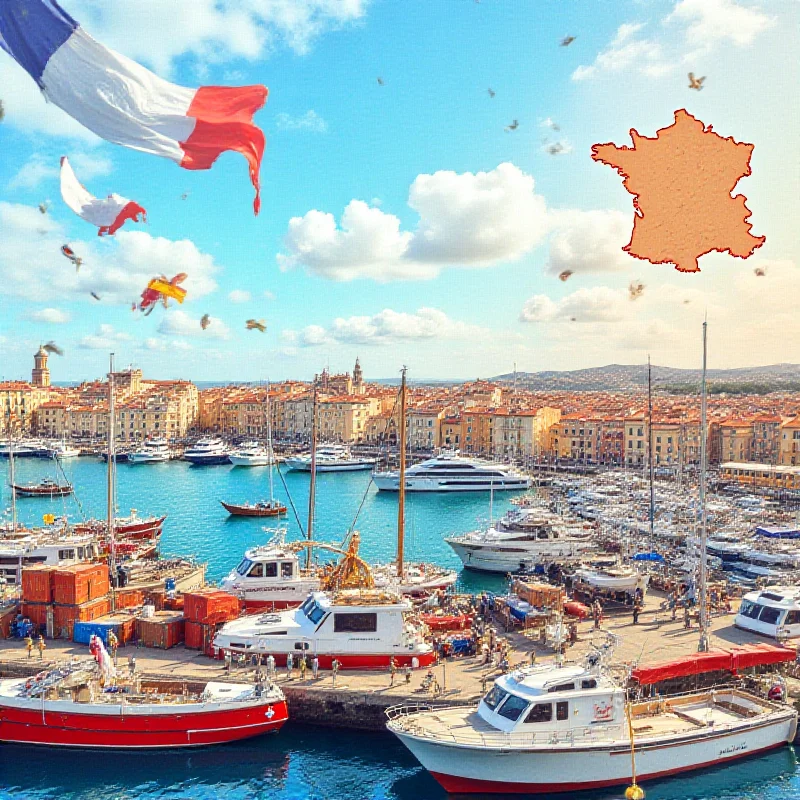 A collage of images representing Marseille: a bustling port, the French flag, and a map of the city.