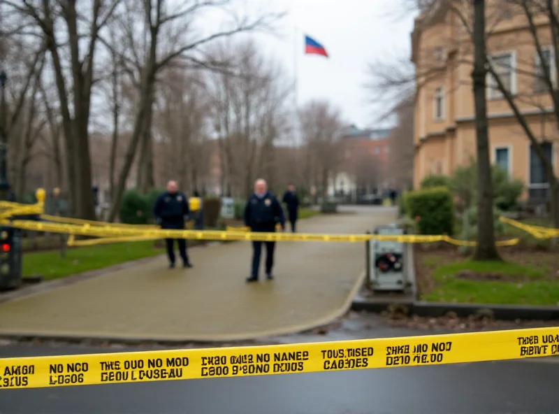 Police cordon tape surrounding a building with the Russian flag visible.