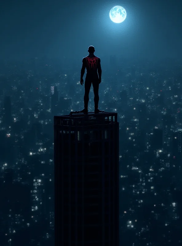 Concept art of Daredevil standing atop a skyscraper in New York City at night.