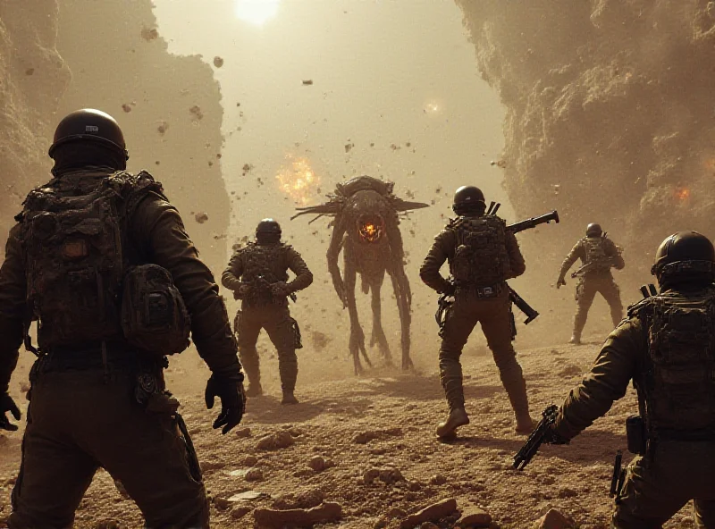 A group of soldiers fighting alien creatures in a futuristic warzone, inspired by the Resistance game series.