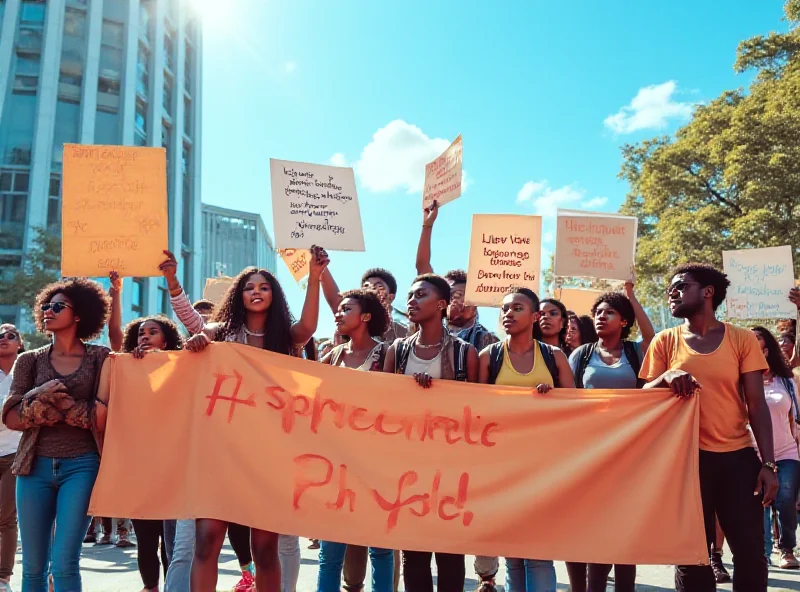 A group of young people marching with banners and signs in a peaceful protest.