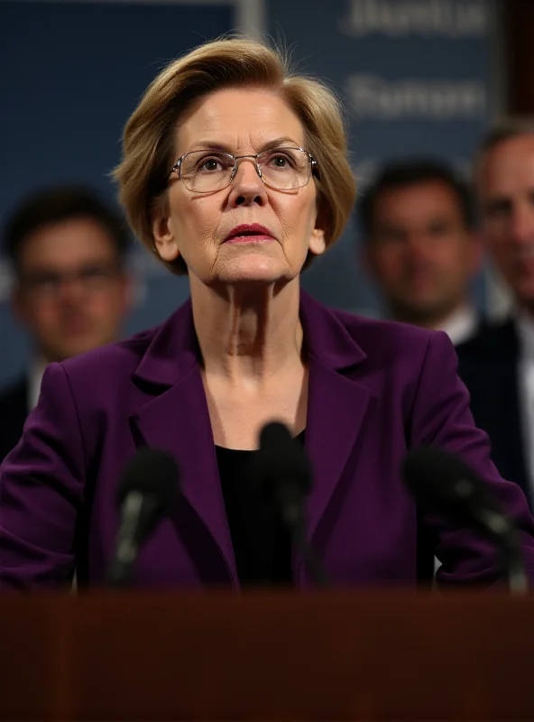 Senator Elizabeth Warren speaking at a press conference with concerned expression.