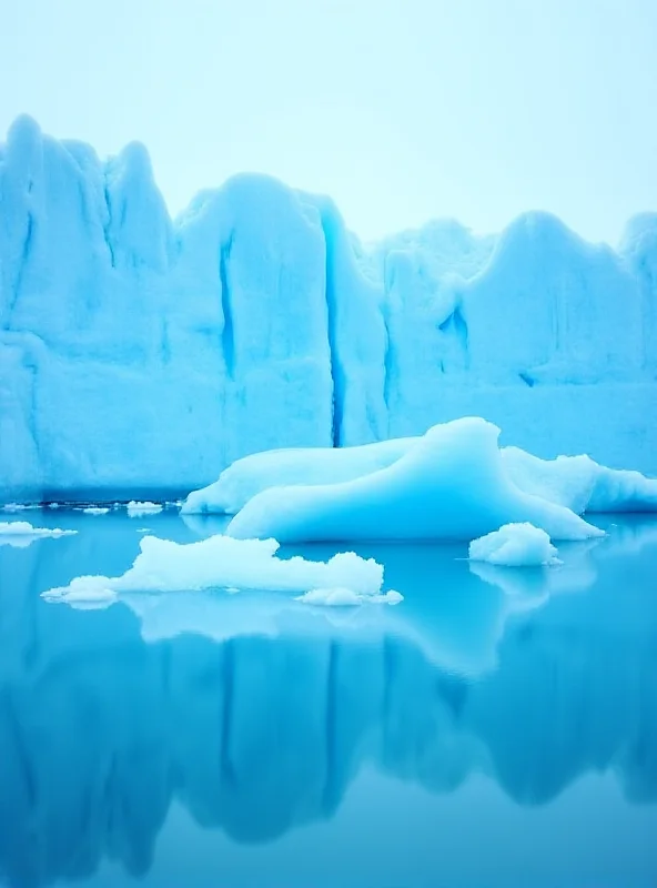 Close up view of a glacier with icebergs floating in the water in Antarctica.