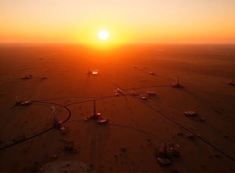 Aerial view of a vast natural gas field at sunset.