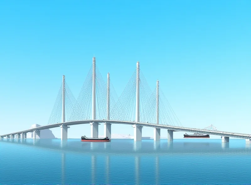 Architectural rendering of a large suspension bridge spanning a wide canal, with ships passing underneath.