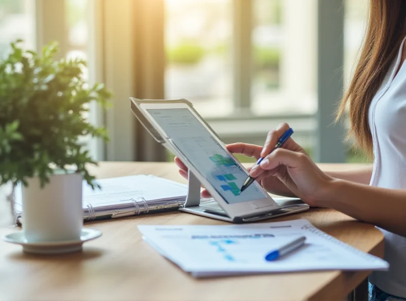 Person thoughtfully planning their budget on a tablet with a cup of coffee nearby.