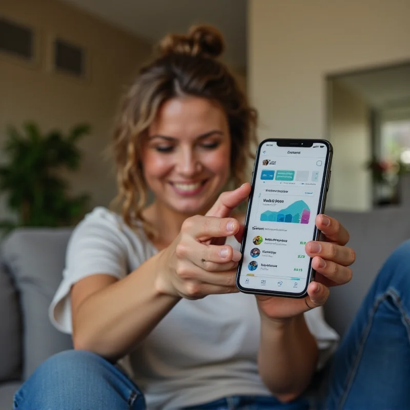 A person happily reviewing their budget on a smartphone, showcasing the YNAB app interface.