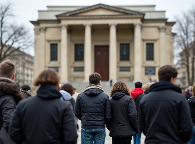 Exterior of a courthouse with people gathered outside.