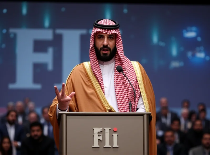 Mohammed bin Salman speaking at the FII conference in 2017, with a serious expression and gesturing with his hand.