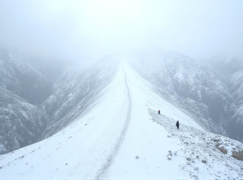 A dramatic landscape of the Indian Himalayas, covered in snow, with visible signs of a recent avalanche.