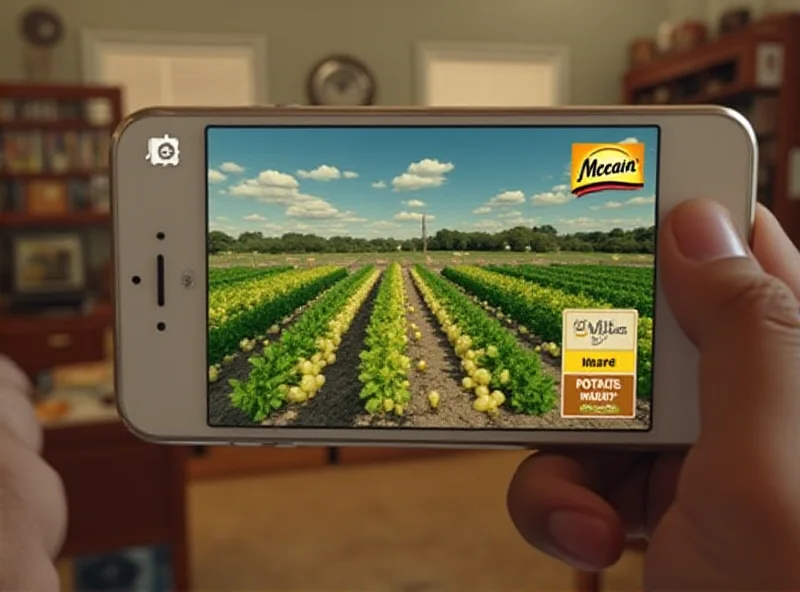 Screenshot of the McCain Foods 'Farms of the Future' AR game showing a player interacting with a virtual potato farm.