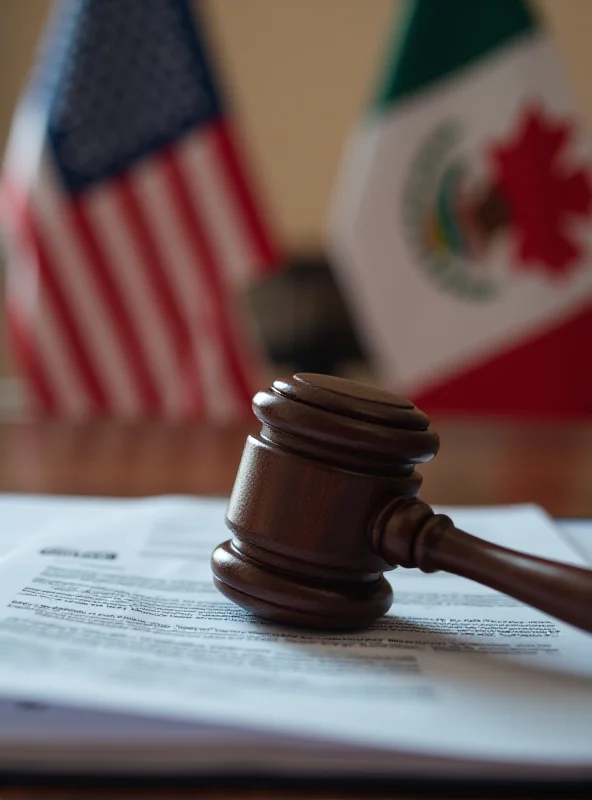 A gavel resting on a stack of documents with the flags of the United States, Canada, and Mexico blurred in the background.