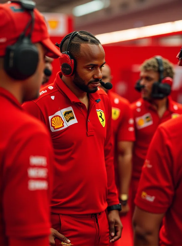 Lewis Hamilton in Ferrari team gear, smiling and talking with Ferrari engineers in the Bahrain pit lane.