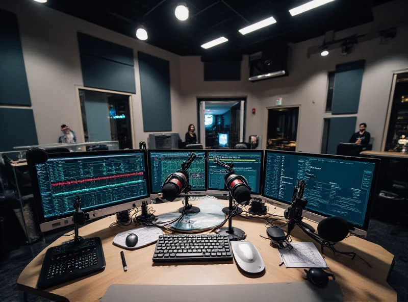 Radio station broadcasting booth with microphones and sound equipment.