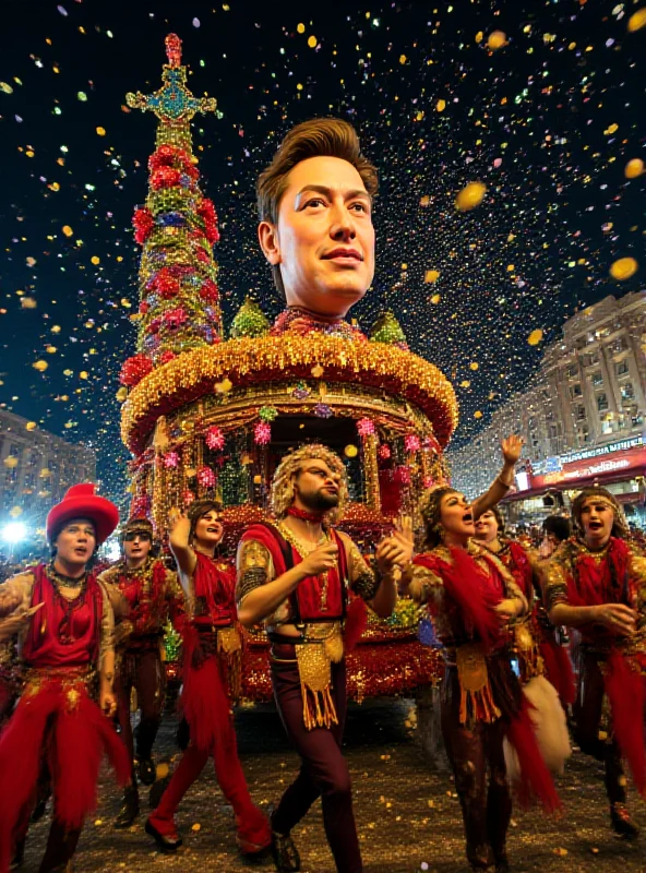 A vibrant scene from the Sapucaí carnival in Rio de Janeiro, Brazil, with elaborate floats and costumed performers. Focus on a float featuring a caricature resembling Elon Musk being 'attacked' by performers in traditional carnival attire.