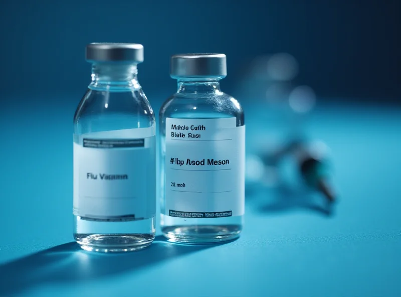 Close-up photo of a vial of flu vaccine with a syringe in the background