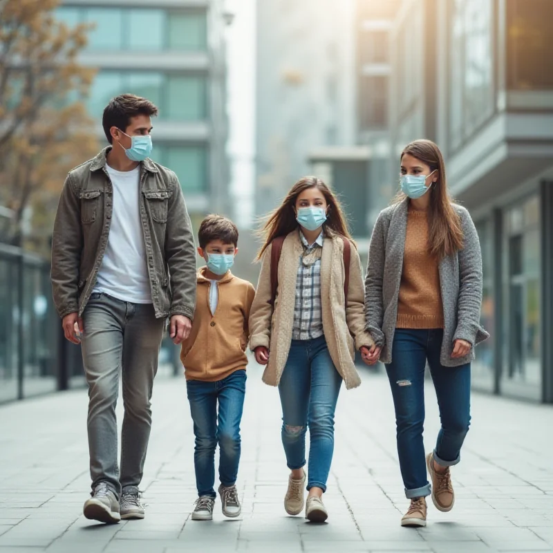 A family (mother, father, and two children) wearing face masks in a public space, symbolizing the importance of preventive health measures