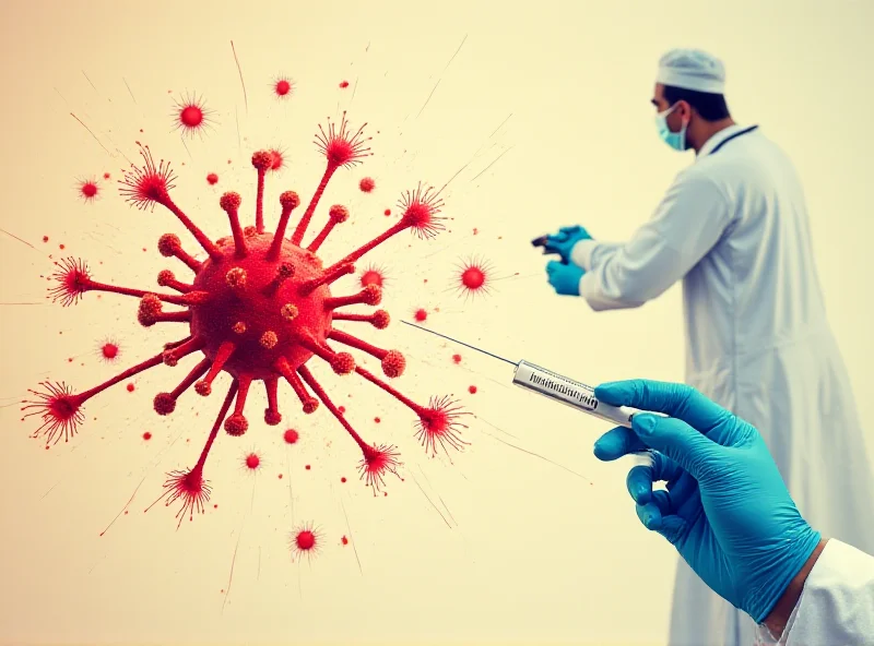 Illustration of measles virus spreading with red spots on a faded background, with a focus on the importance of vaccination. A doctor is visible in the background administering a vaccine.