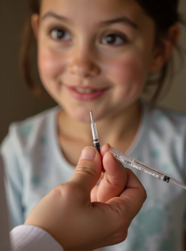 Close-up shot of a child receiving a measles vaccine from a doctor. The child is looking at the doctor with trust, and the doctor is smiling reassuringly. The focus is on the needle and the child's arm.