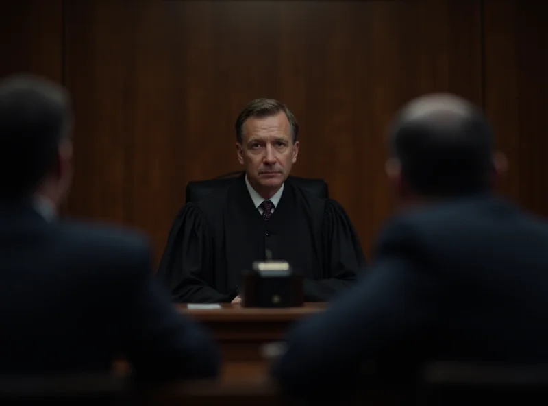 A somber courtroom scene with a judge and lawyers, suggesting the sentencing of a man.