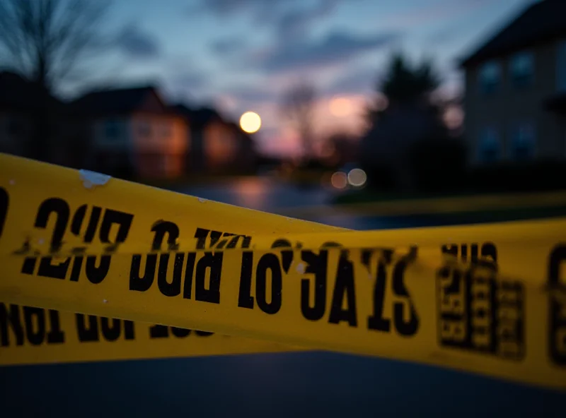 A police crime scene tape surrounding a residential area, symbolizing a murder investigation.