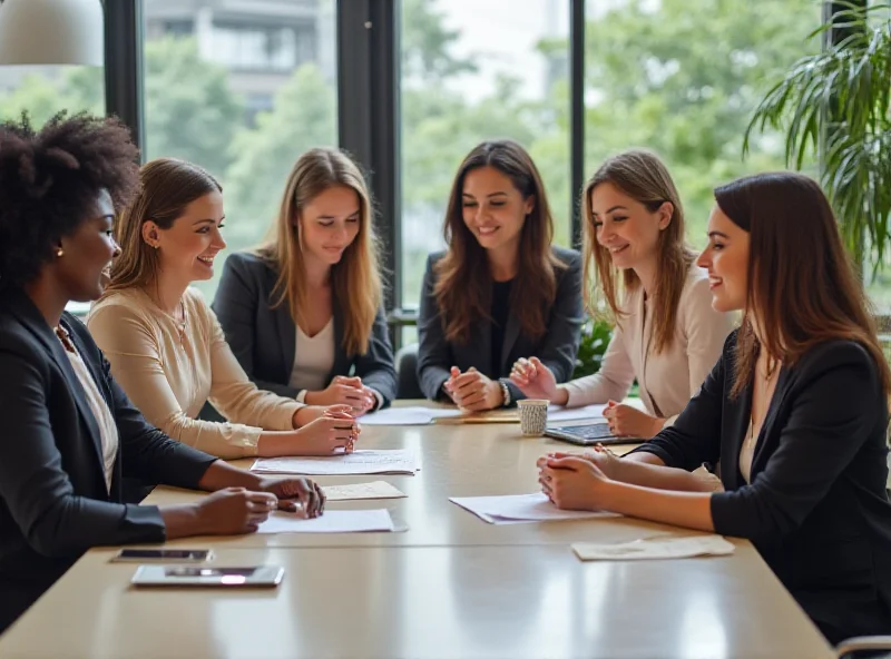 Group of diverse women leaders in a modern office setting, smiling and collaborating around a table. The atmosphere is positive and empowering.