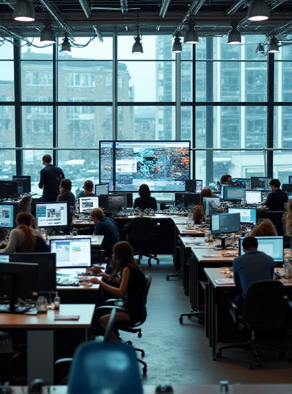 A modern, open-plan newsroom with journalists working at computers and collaborating in small groups. The atmosphere is energetic and innovative, with large windows providing natural light.