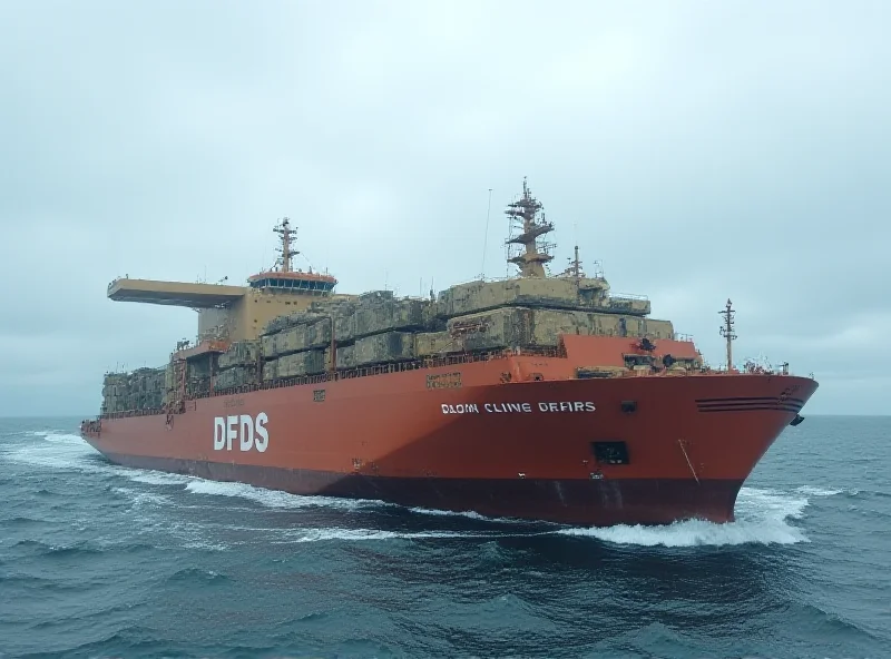 A large DFDS ferry transporting military vehicles and equipment across the sea. The sky is cloudy and the sea is choppy, suggesting a sense of urgency and importance.