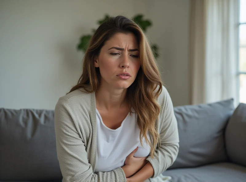 Illustration of a woman holding her stomach in pain, looking concerned.