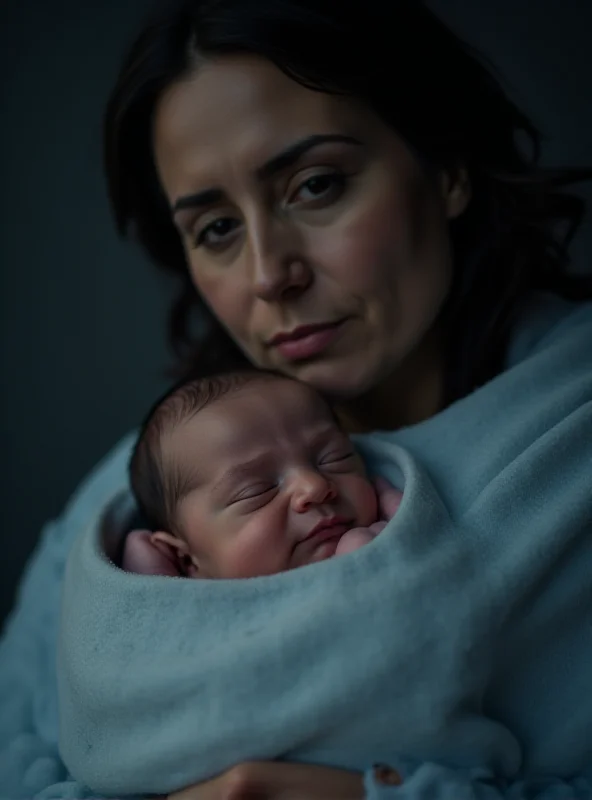 A somber image of a mother holding a baby, conveying a sense of grief and loss.