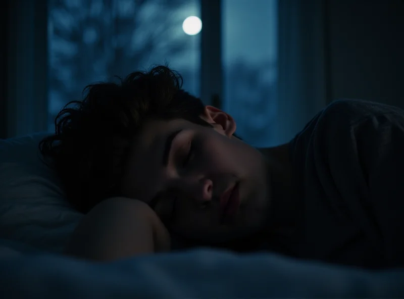 A person sleeping peacefully in a dark room, bathed in soft moonlight.