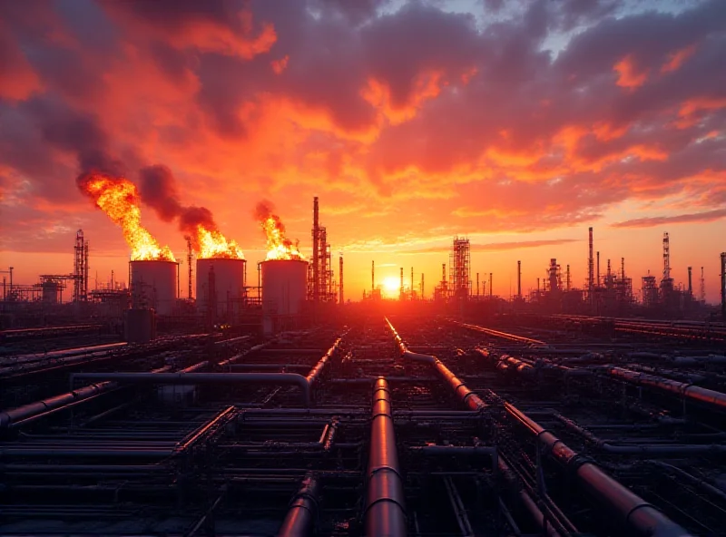 Vast industrial complex with pipelines and gas flares at sunset.