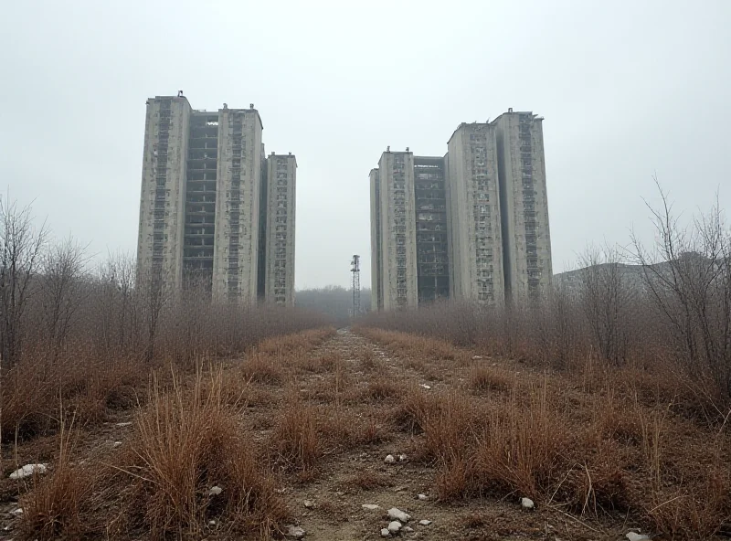 A deserted construction site in a Russian city with unfinished high-rise buildings.