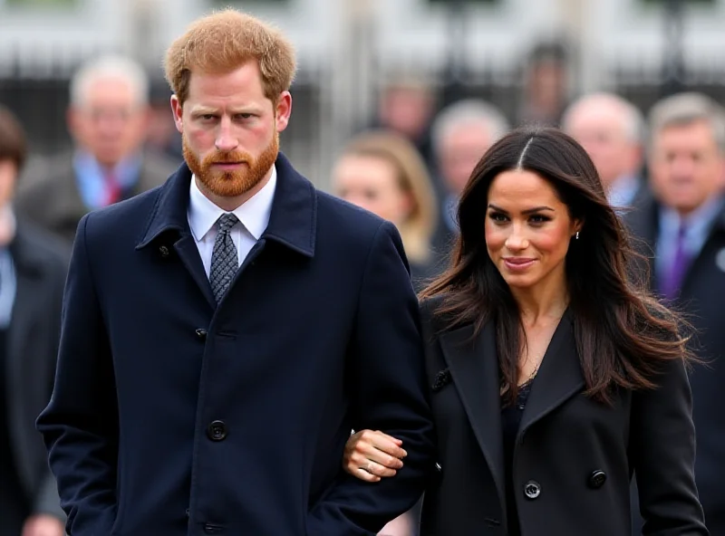 Prince Harry and Meghan Markle walking hand-in-hand, looking serious.