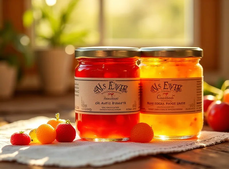 Close-up shot of artisan jam jars with labels that say 'As Ever', arranged on a wooden table with a linen cloth. The background is softly blurred with hints of a sunny kitchen.