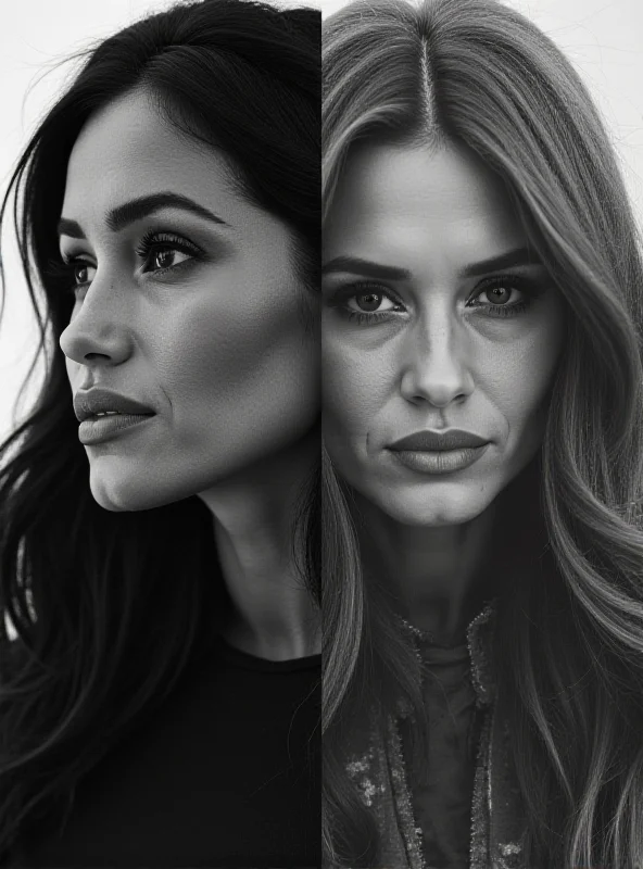 A split image showing Meghan Markle on one side and Drew Barrymore on the other, both looking contemplative.