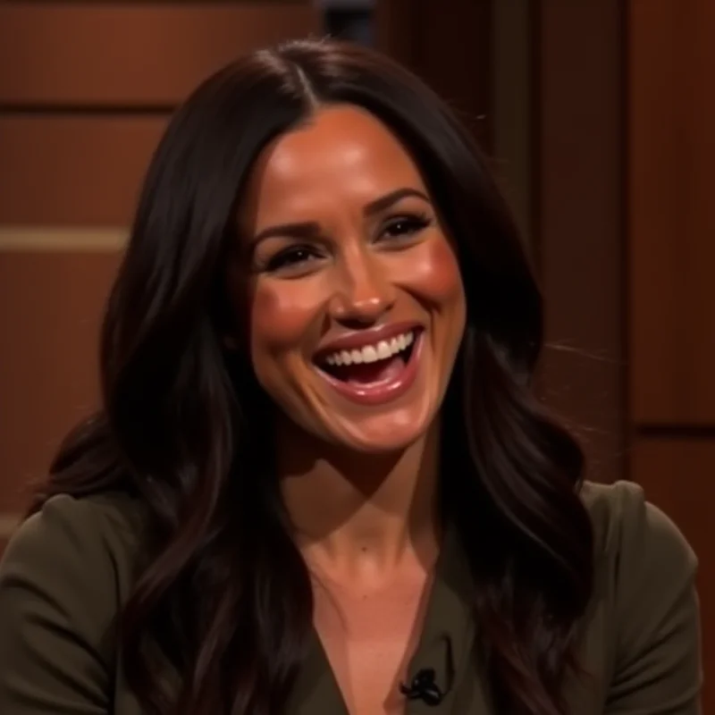 A candid shot of Meghan Markle laughing during an interview, possibly with Drew Barrymore.