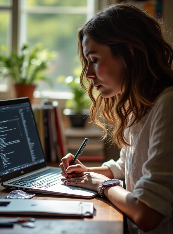 A woman sitting at a desk, writing in a notebook, with a laptop in front of her.