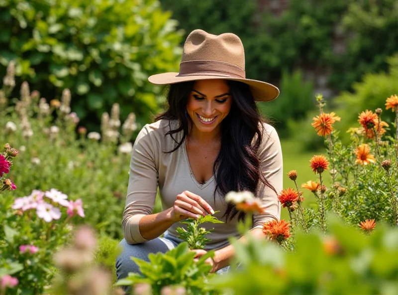 Meghan Markle in her Netflix show, With Love, Meghan, tending to her garden, surrounded by lush greenery and flowers.