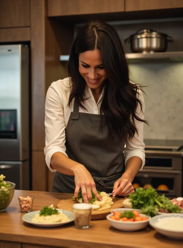 A scene from With Love, Meghan, where Meghan is in the kitchen, demonstrating a cooking technique, with various ingredients and utensils around her.