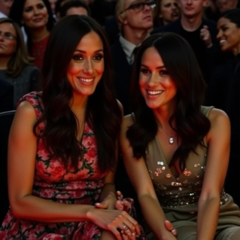 Mindy Kaling and Meghan Markle sitting next to each other, smiling and engaged in conversation, during an event.