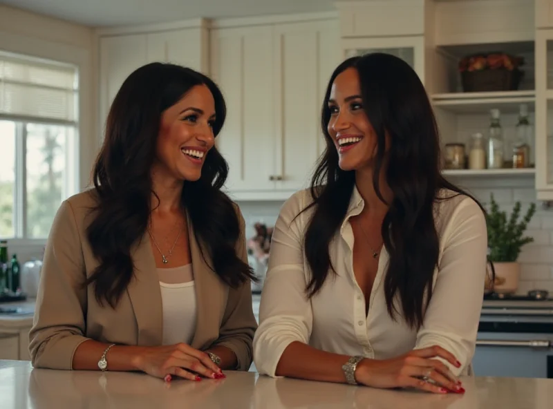 Mindy Kaling and Meghan Markle laughing together in a kitchen setting.