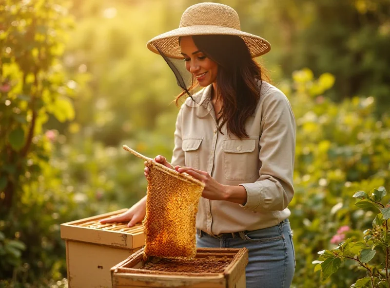 Meghan Markle tending to beehives in a sun-drenched garden, wearing a casual outfit and a beekeeping veil.