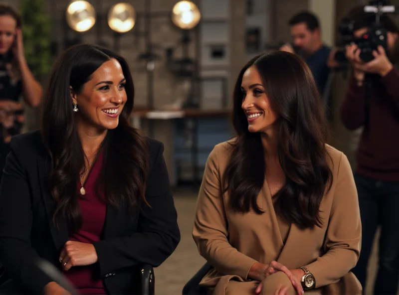 Meghan Markle and Mindy Kaling laughing together during filming of 'With Love, Meghan'