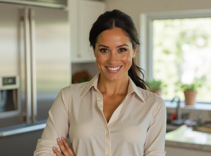 Meghan Markle smiling warmly in a kitchen setting.