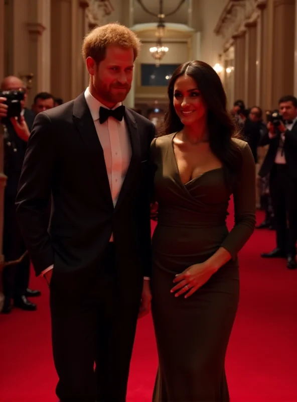 Prince Harry and Meghan Markle standing together at an event, looking elegant.