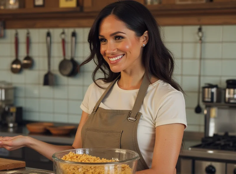 Meghan Markle in a cooking show setting, smiling while holding a mixing bowl.