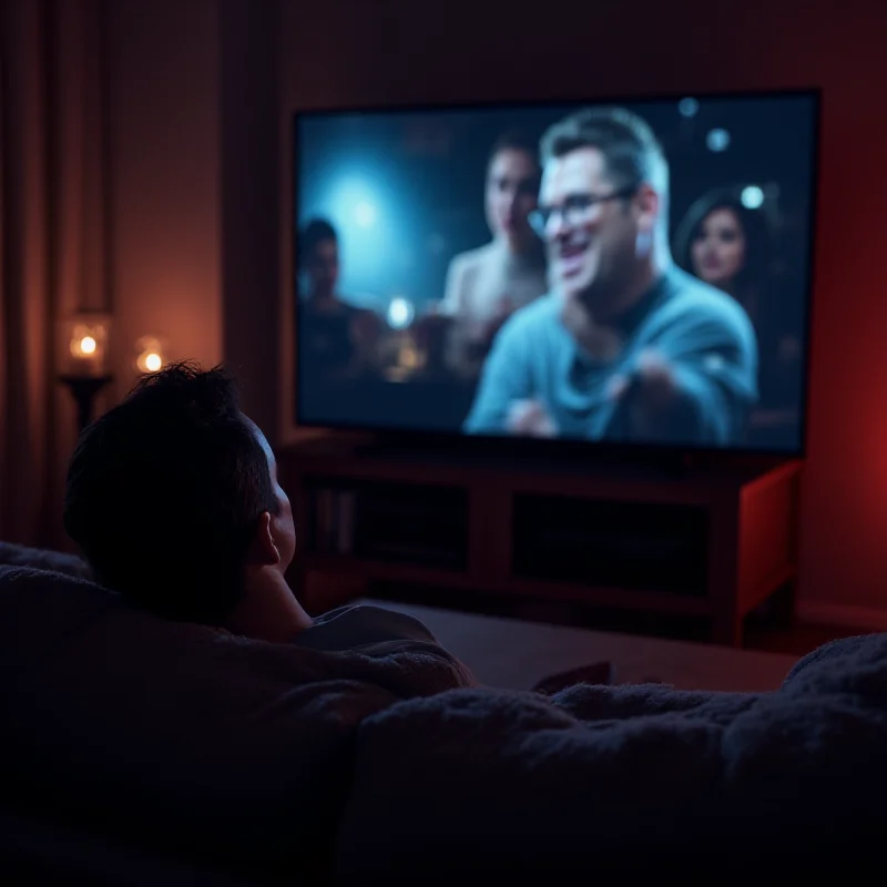 A person sitting on a couch, watching a streaming service on a smart TV.