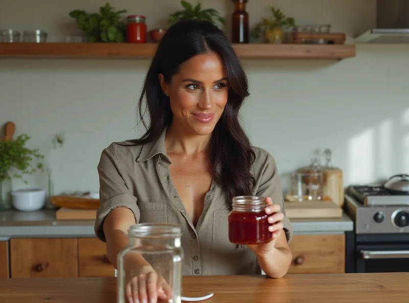 Meghan Markle in With Love, Meghan, looking thoughtfully at a jar of jam.